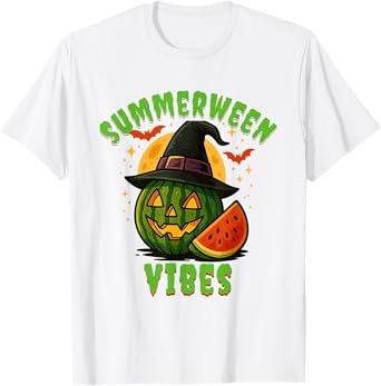 Beach Watermelon Summerween Vibes Witch Halloween in July T-Shirt