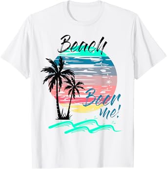Beer Me Funny Drinking Beach Retro Sunset Palm Trees Summer Men Women T-Shirt