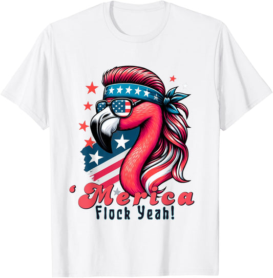 Merica Flock Yeah Funny Flamingo Mullet 4th of July Usa Flag T-Shirt