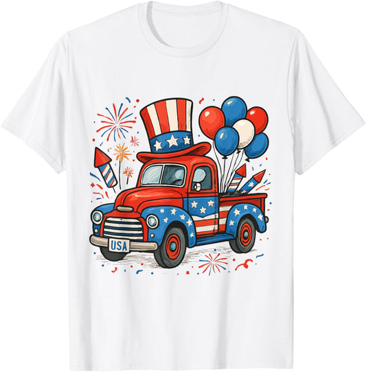 Pickup Truck 4th Of July American Usa Flag Boys Toddler Kids T-shirt