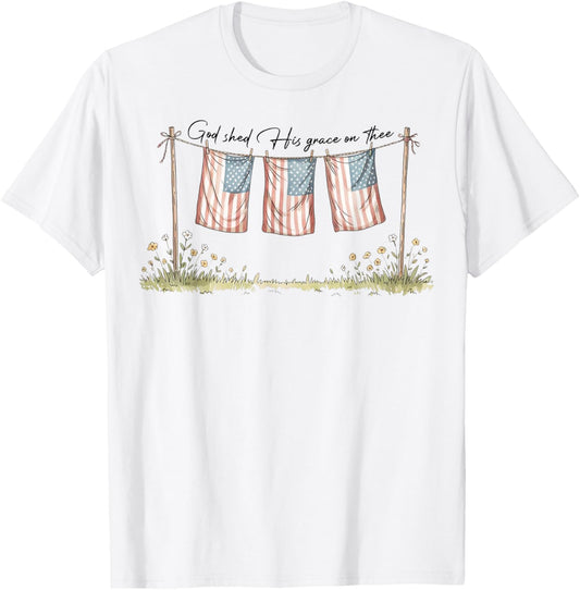 God Shed His Grace Patriotic Christian American Flag Faith T-shirt