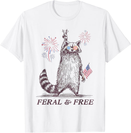 Feral And Free Funny Raccoon Feral Free 4th Of July US Flag T-Shirt