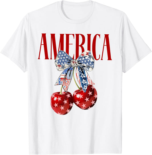 Coquette Bow America Cherry US Flag 4th Of July Patriotic T-Shirt