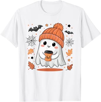 Cute Ghost Drinking Coffee Halloween Ghost Ice Coffee Womens T-Shirt