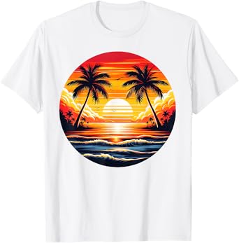 Vintage Beach Sunset Palm Tree 70s 80s Summer Vacation Retro T-Shirt