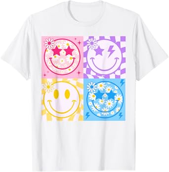 Happy Face Smile Checkered Pattern Retro Vibes Trendy Funny T-Shirt