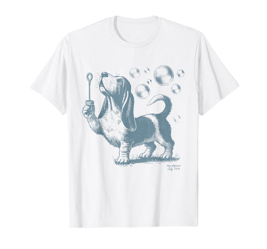 Retro Funny Basset Hound Blowing Bubbles Dog Lover Mom Dad T-Shirt