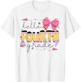 Back To School Hello Fourth Grade Teacher Coquette Bow T-Shirt