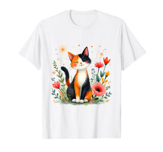 Smiling Calico Cat Cute Floral Kitten Cartoon Kitty Outdoors T-Shirt