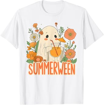 Retro Summerween Ghost Boho Floral Summer Halloween Cocktail T-Shirt