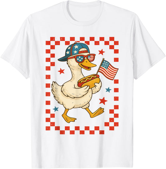 Patriotic Duck With Hot Dog And Flag Funny 4th Of July Usa T-shirt