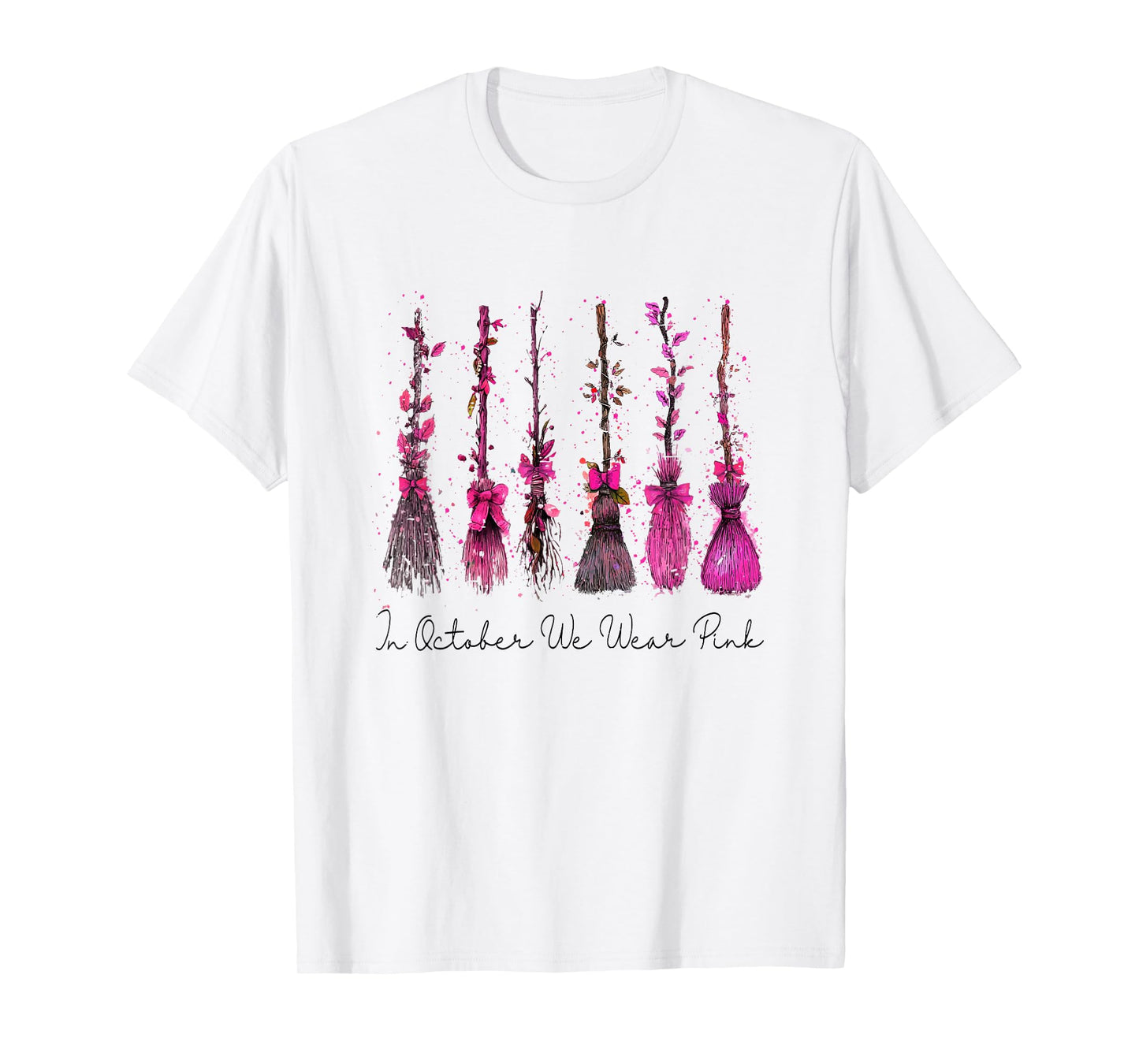 in October We Wear Pink Witches Brooms Spooky Breast Cancer T-Shirt