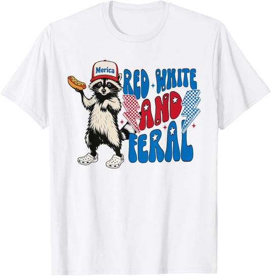 Red White and Feral Raccoon Funny USA 4th of July Boys Girls T-Shirt