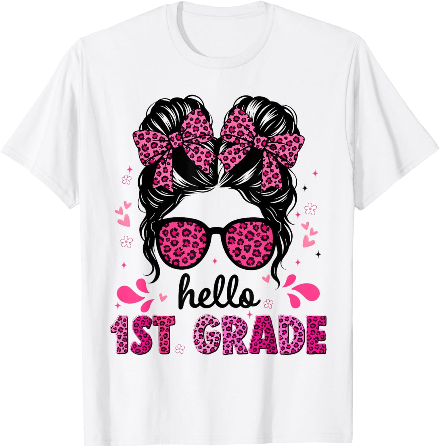 Hello First Grade Messy Bun Coquette First Day School Girls Tee by TeeBrew