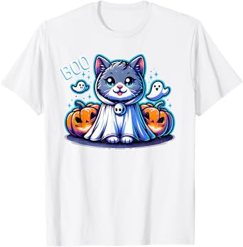 Ghost Cat Boo Funny Cat Pumpkin BOO Kitty Cat Halloween T-Shirt for Men Women Kids