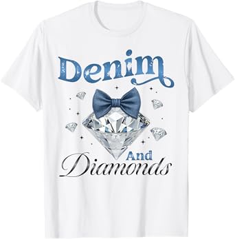 Denim And Diamonds Bow Ladies Girls Women T-Shirt