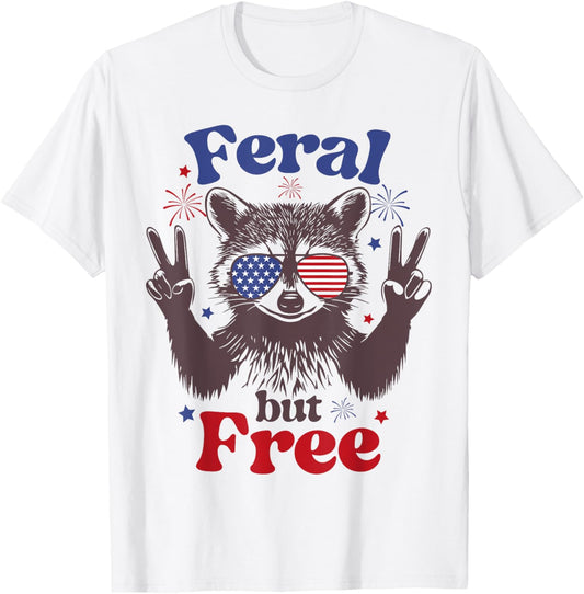 Feral but Free 4th of July Raccoon Feral Fireworks USA Flag T-Shirt