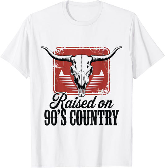 Vintage Western Bull Skull Raised On 90's Country Music T-Shirt