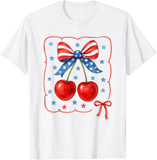 American Coquette Cherry Bow Patriotic Usa Flag 4th Of July T-shirt