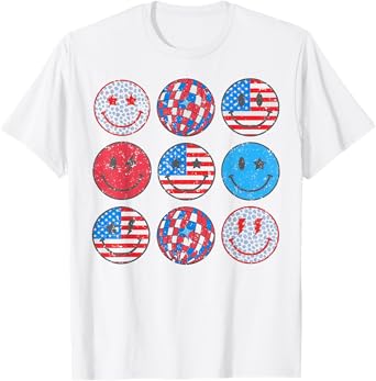 Happy 4th Of July Groovy Smile Face Red White Blue USA Flag T-Shirt for Women Kids Men