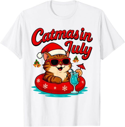 Catmas In July Cat & Santa Hat On Float Christmas In July T-shirt