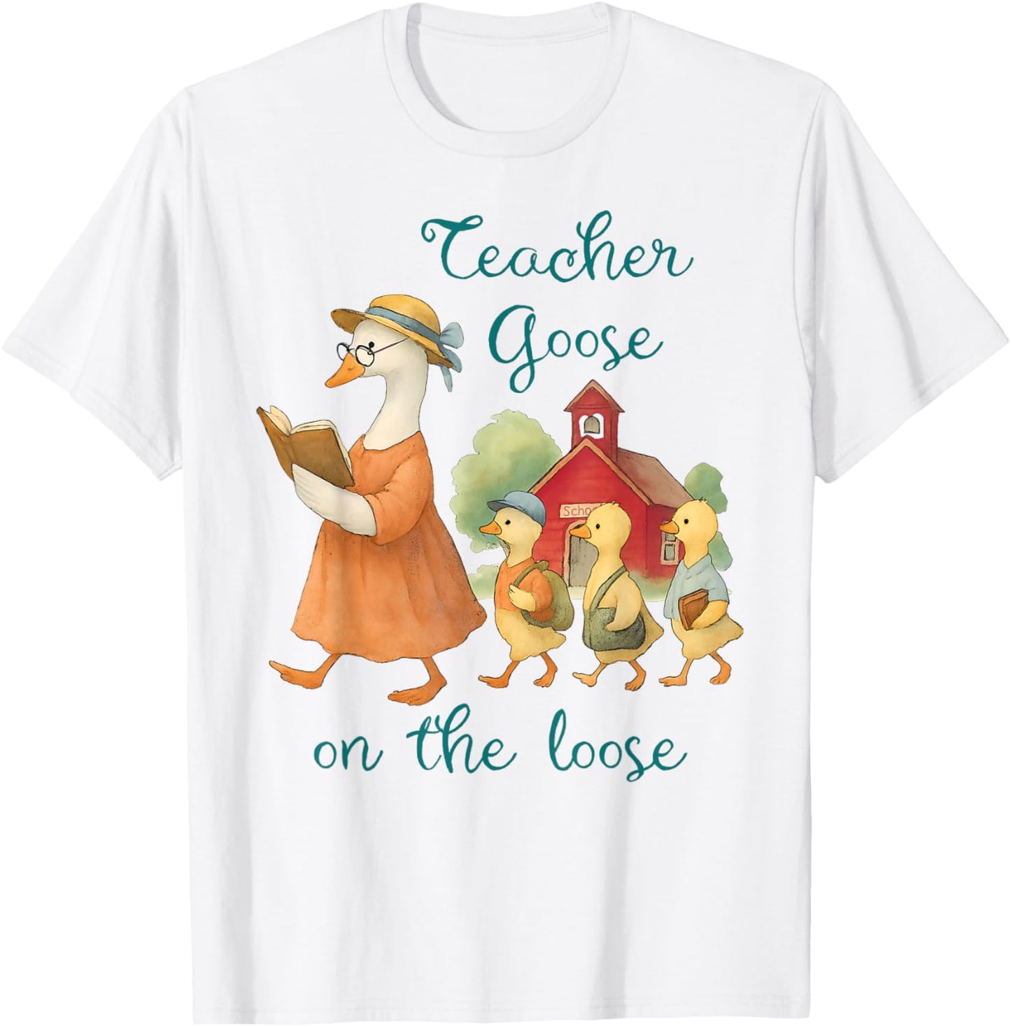 Pretty Teacher Goose On The Loose Watercolor Illustration T-Shirt
