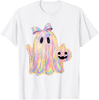 Disco Ghost Pumpkin Halloween Girly Coquette Bow T-Shirt