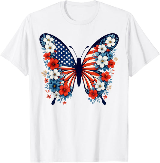 4th Of July Cute Butterfly Flower Red White Blue US Flag T-Shirt