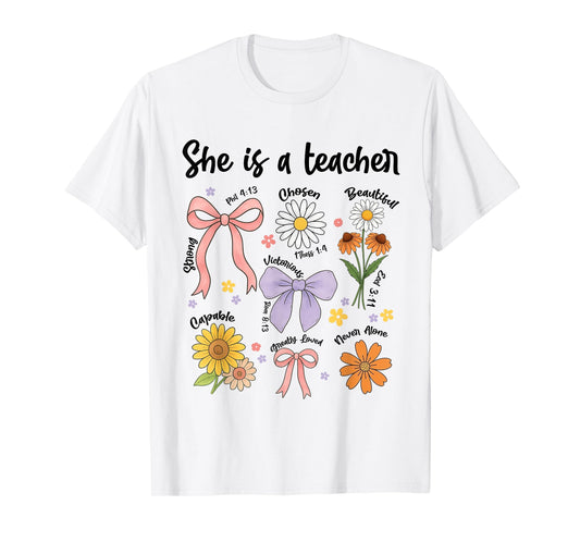 She is A Teacher Christian Floral Coquette Bow Teaching Life T-Shirt