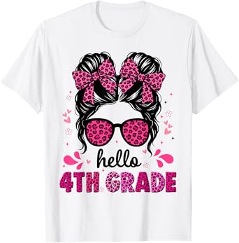 Hello 4th Grade Messy Bun Coquette First Day Of School Girls T-Shirt