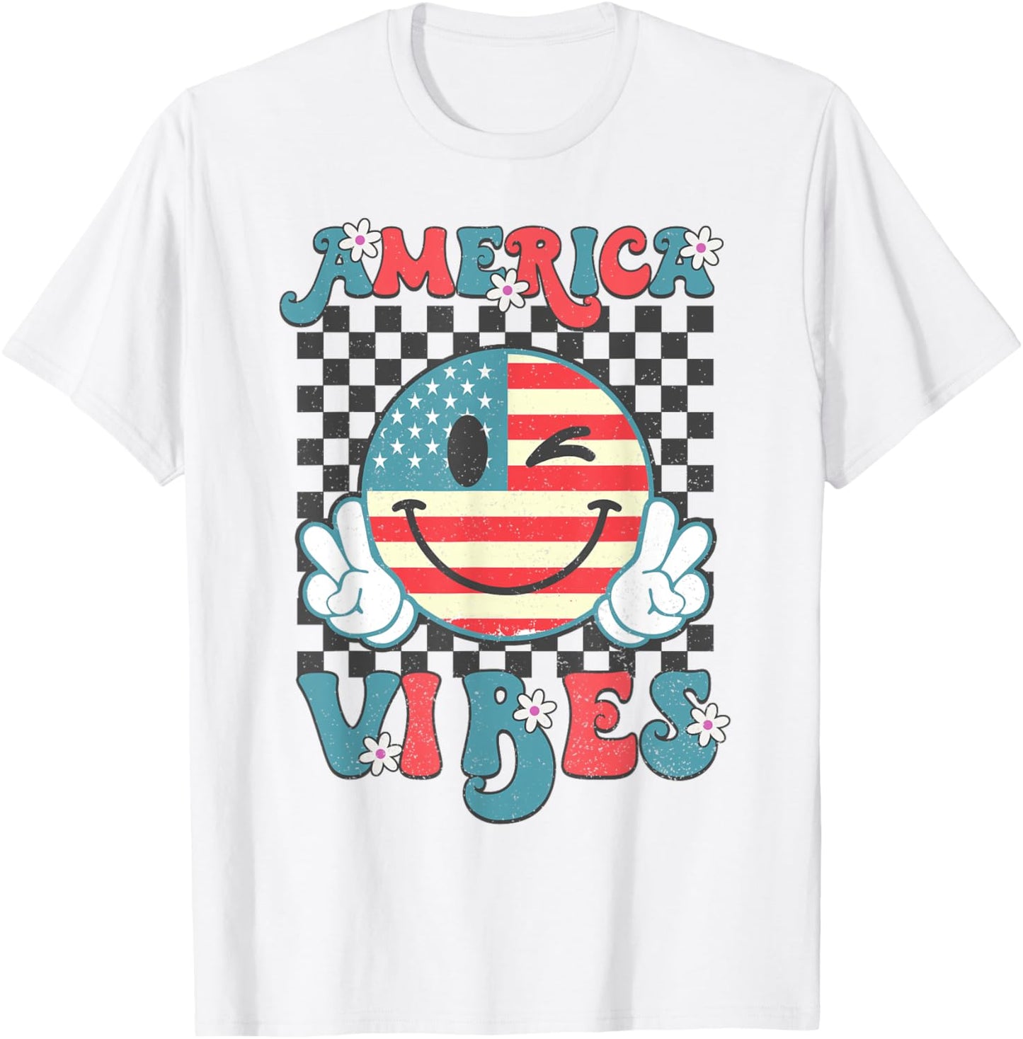 Retro 4th of July America Vibes Smile Checkered Womens Girls T-Shirt