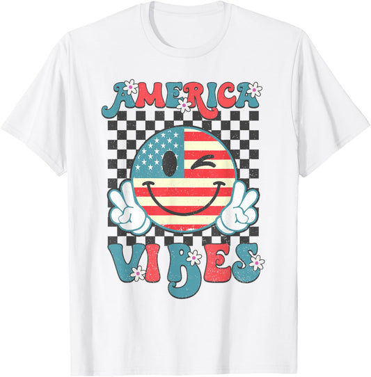 Retro 4th of July America Vibes Smile Checkered Womens Girls T-Shirt