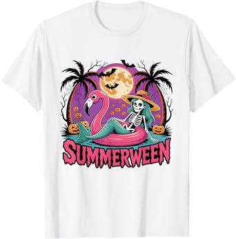 Summerween Skeleton Flamingo Halloween Summer Girl Women T-Shirt