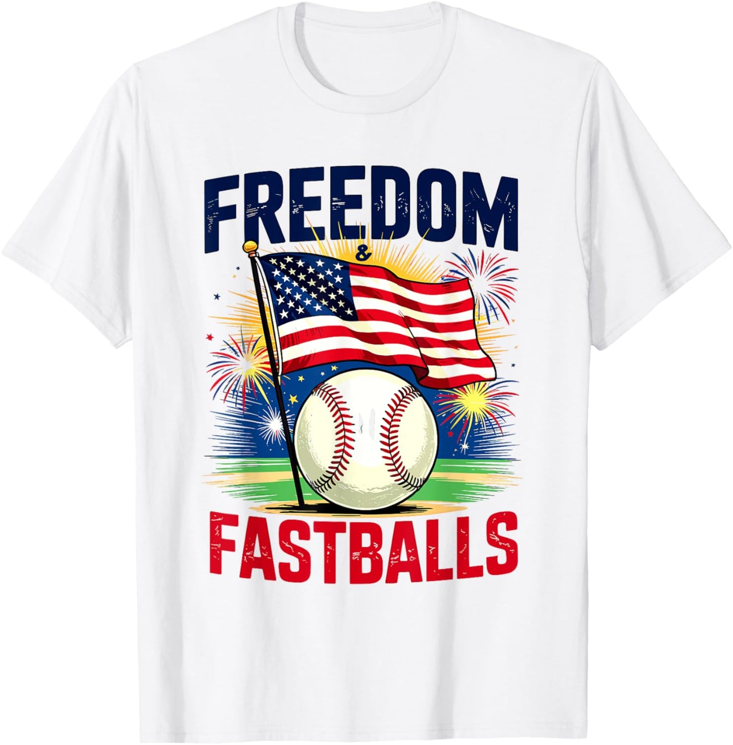 Patriotic Firework Baseball 4th Of July Freedom & Fastballs T-shirt