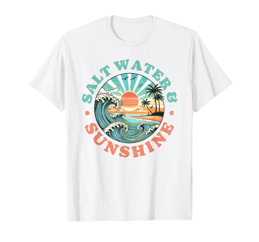 Salt Water and Sunshine Retro Beach Wave Sunset Palm Tree T-Shirt