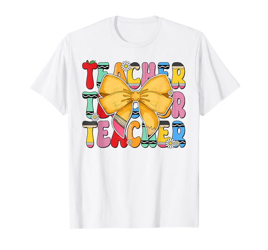 Teacher Pencil Coquette Bow Funny Back To School Teacher Men Women T-Shirt