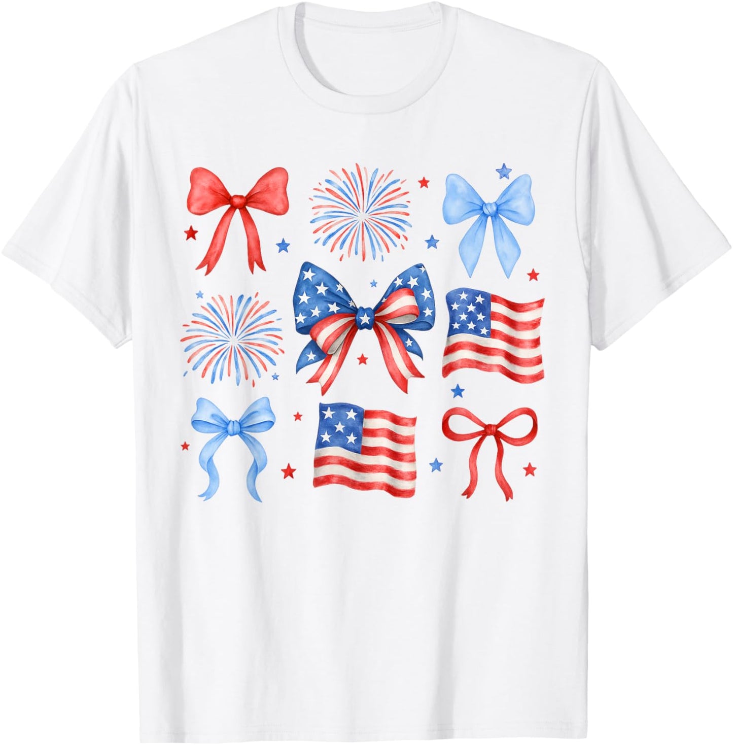 Usa Flag Fireworks Bows Patriotic 4th Of July Coquette Girls T-shirt