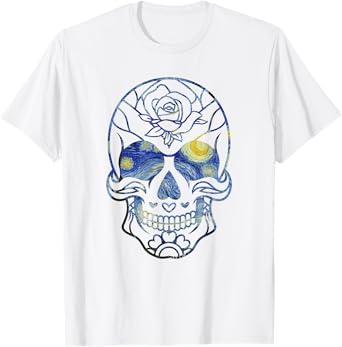 Van Gogh Starry Night Sugar Skull Day of the Dead Art T-Shirt