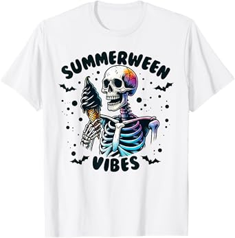Summerween Vibes Skeleton Ice Cream Summer Vacation Funny T-Shirt