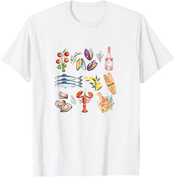 Italian Summer Scrapbook with seafood coastal Mediterranean T-Shirt