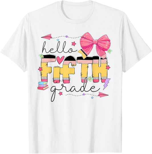 Back To School Hello Fifth Grade Teacher Coquette Pencil Bow T-shirt by TeeBrew