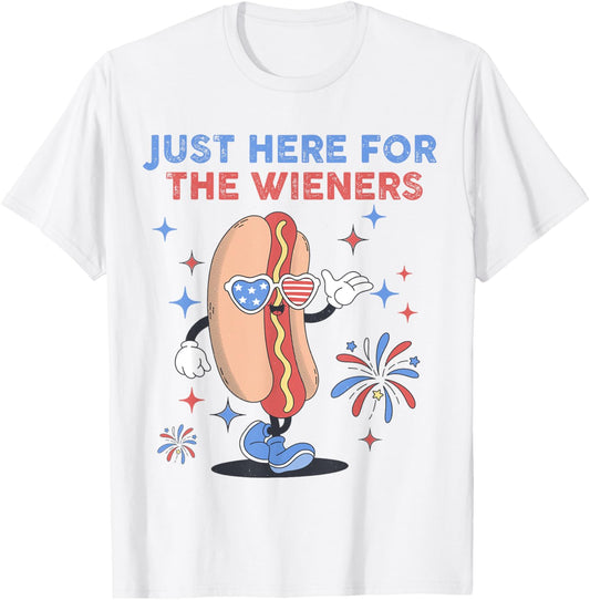 Just Here For The Wieners 4th of July Funny Hot Dog Retro T-Shirt