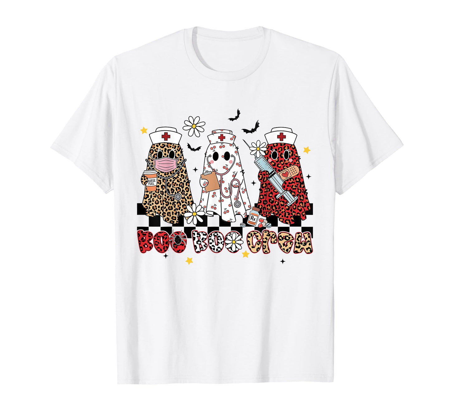 Floral Boo Crew Leopard Ghost Halloween Night Shift Nurse T-Shirt