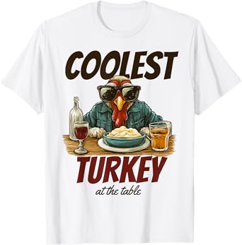 Coolest Turkey at Table Funny Thanksgiving Beer Wine T-Shirt
