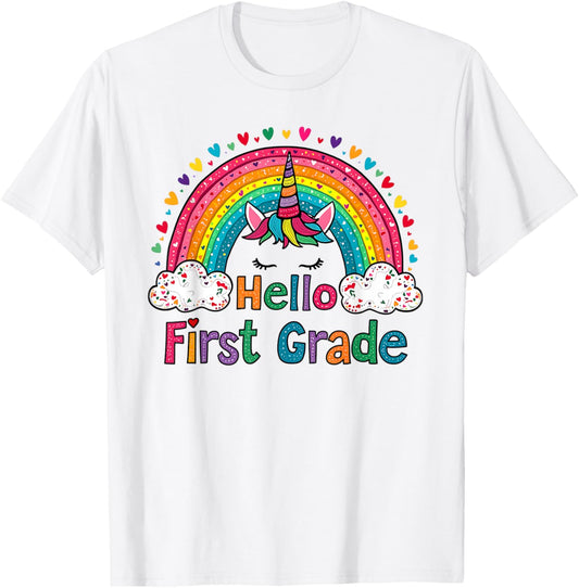 Hello First Grade Rainbow Cute Unicorn Teacher Kids Women T-Shirt