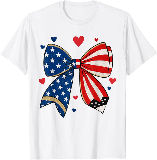 Patriotic Teacher Coquette Pencil Bow 4th Of July Kids Independence Day T-shirt by TeeBrew
