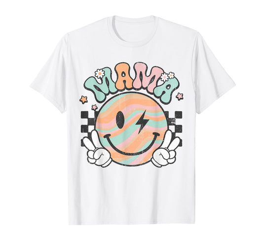 Checkered Mama Groovy Smile Face Mom Life Mother's Day T-Shirt