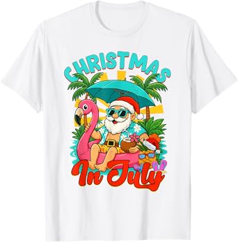 Christmas In July Shirt Boys Kids Santa Flamingo Summer Xmas T-Shirt