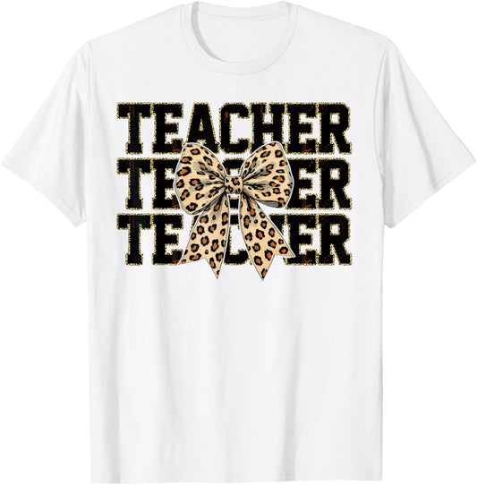 Coquette Bow Leopard Print Teacher Happy First Day Back To School Tee by TeeBrew