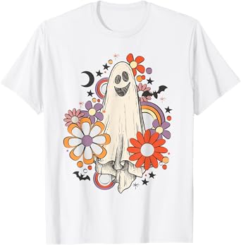 Retro Vintage Ghost Floral Pumpkin Halloween Womens Girls T-Shirt